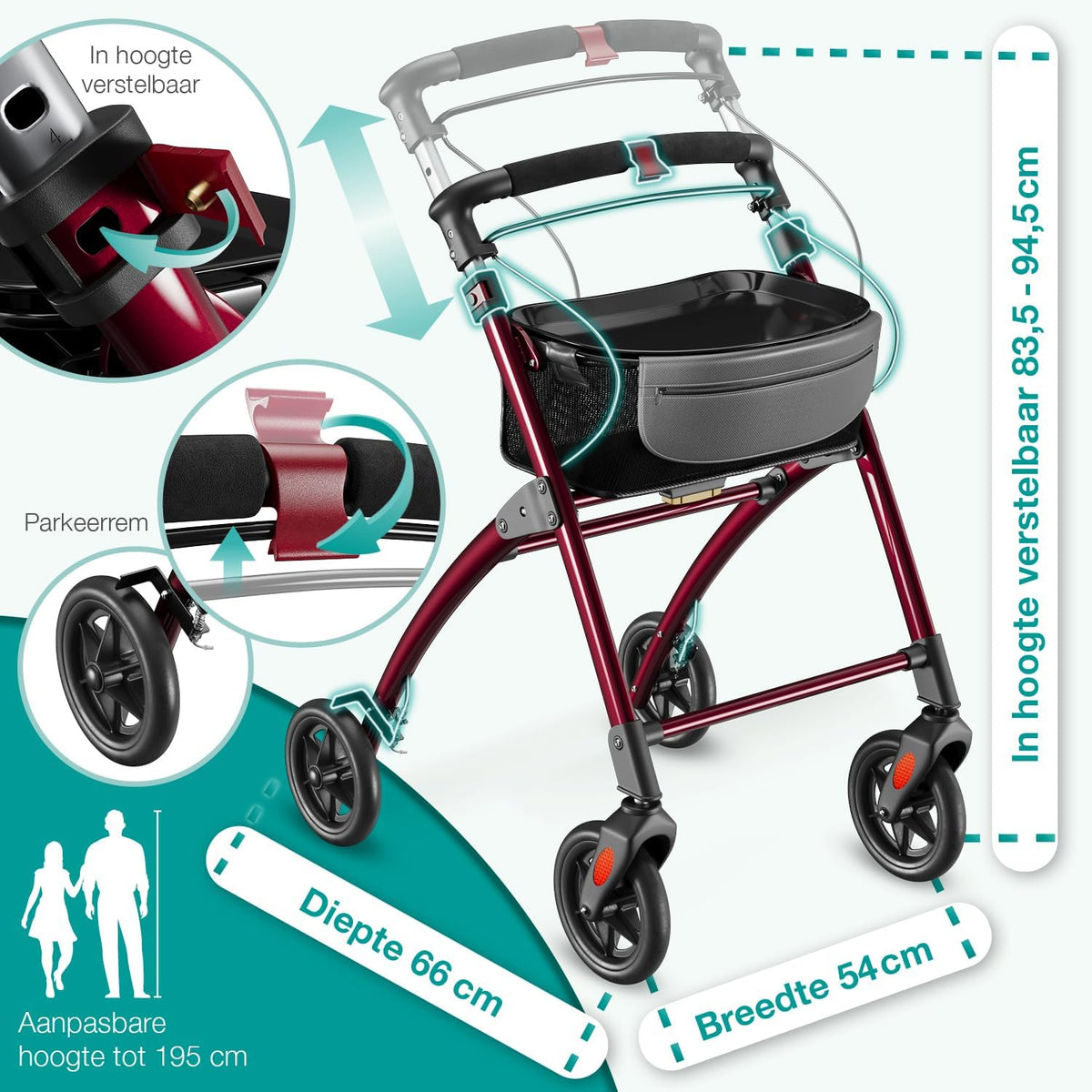 ELONEO Lichtgewicht Rollator voor Binnen - 54 cm Breed, Opvouwbaar Looprek met Dienblad en Stoffen Mandje, Smalle Rollator van Aluminium, Inklapbaar Mobiliteitshulpmiddel, Rood
