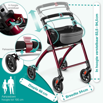 ELONEO Lichtgewicht Rollator voor Binnen - 54 cm Breed, Opvouwbaar Looprek met Dienblad en Stoffen Mandje, Smalle Rollator van Aluminium, Inklapbaar Mobiliteitshulpmiddel, Rood