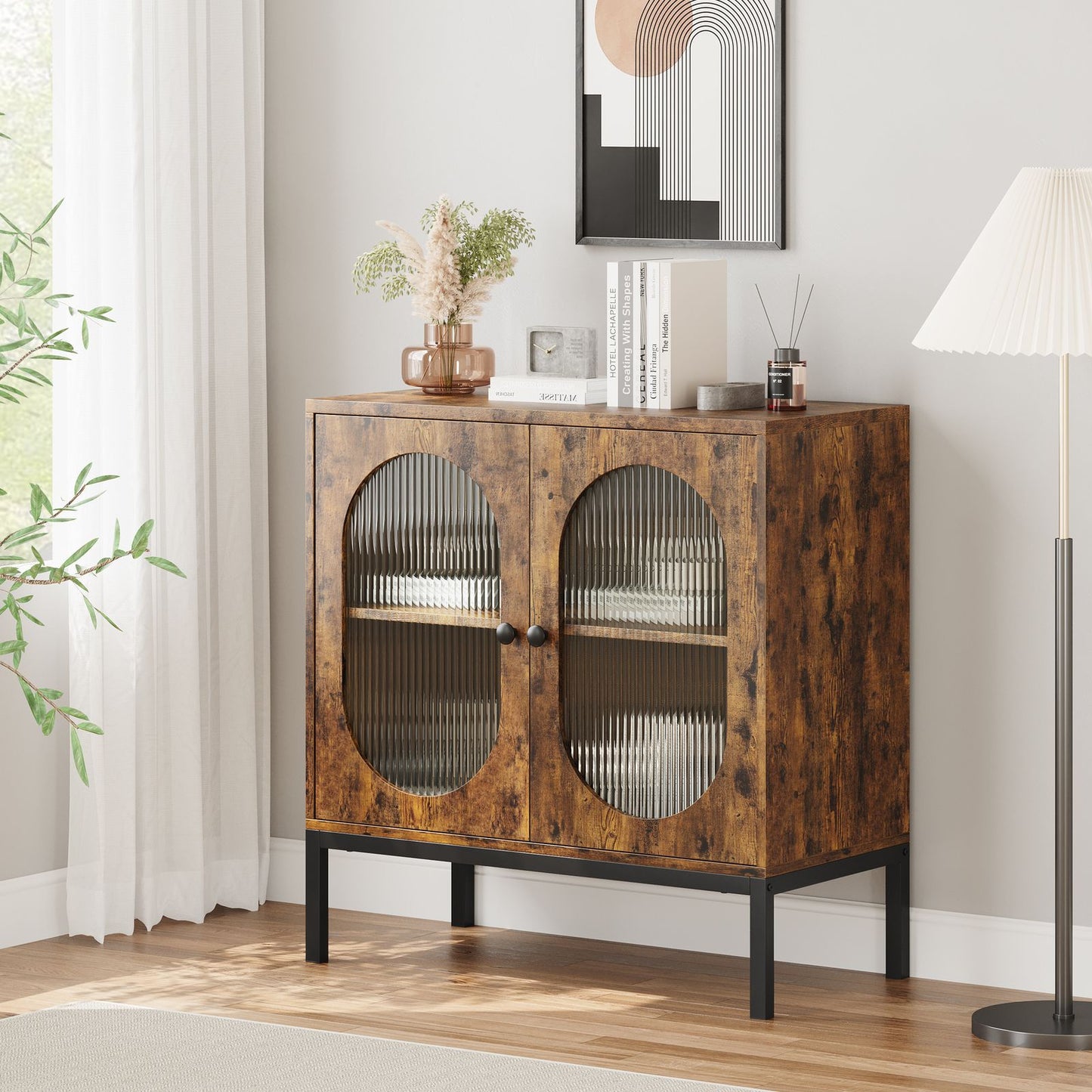 Buffetkast – Dressoir – Opbergkast – Kast – Sideboard – Retro Kleur – Verstelbare Planken – Hout en Rattan – 80x40x82 cm