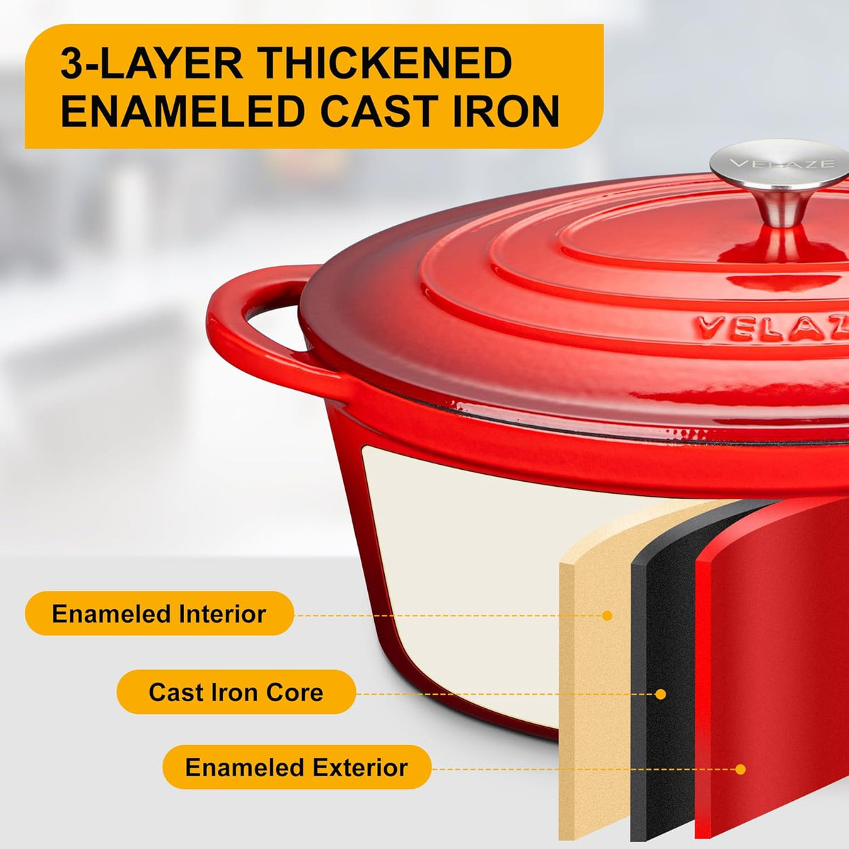 Velaze Oval Cast Iron Casserole with Lid 34 cm, 7 Litre Enamel Pan, Bread Pan with Lid, Stew Pan Suitable for All Heat Sources - QUORE