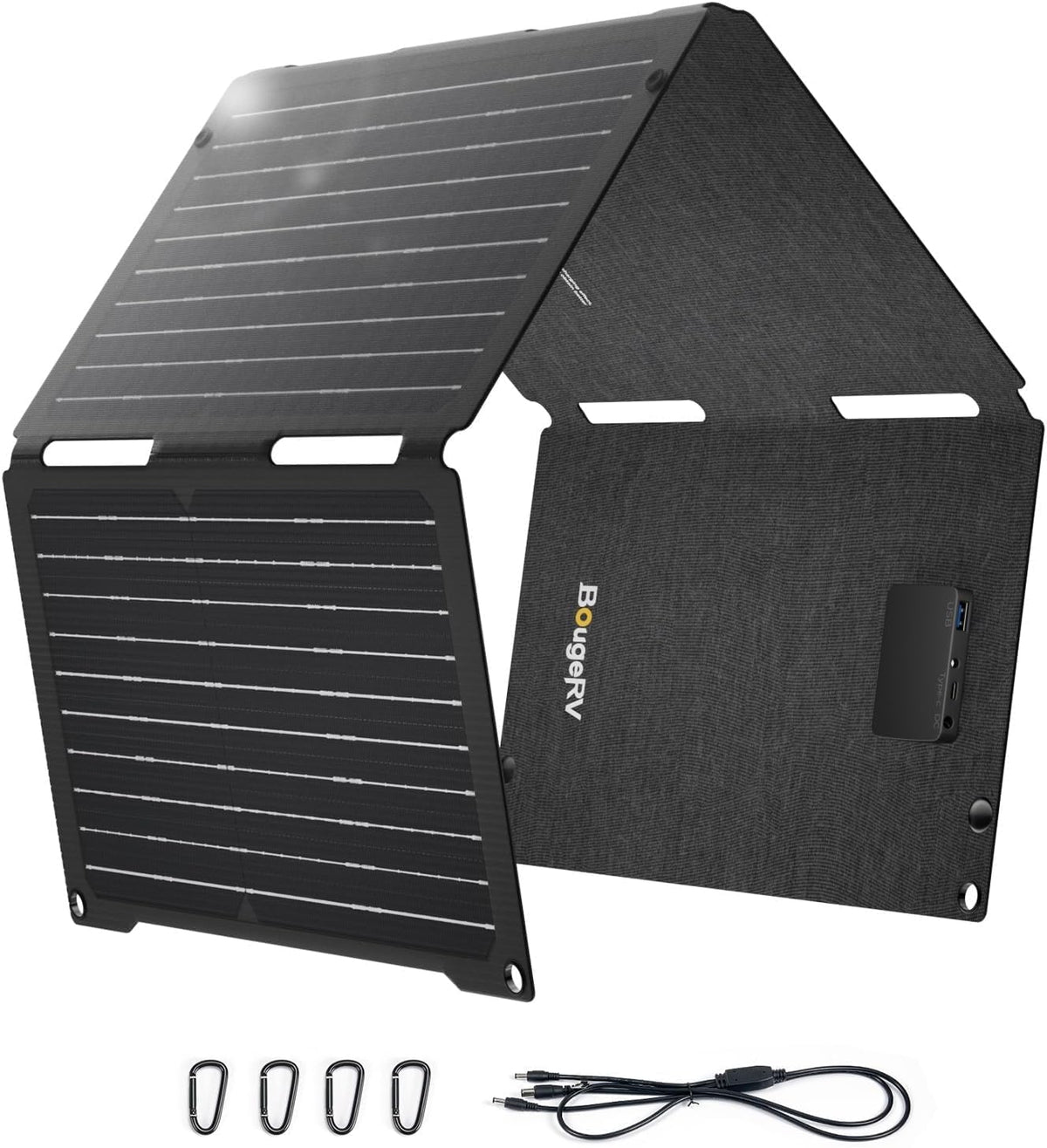 BougeRV 50 W ETFT opvouwbaar zonnepaneel, glasvezel 270 graden, 0,8 kg, zonnepaneel met DC/USB-C/USB-A-uitgangen, draagbaar zonnepaneel met karabijnhaak, compatibel met mobiele telefoon, tablet, klein
