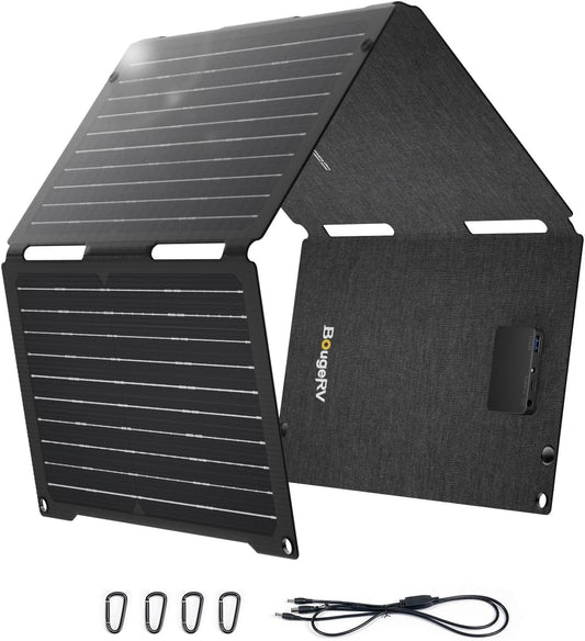 BougeRV 50 W ETFT opvouwbaar zonnepaneel, glasvezel 270 graden, 0,8 kg, zonnepaneel met DC/USB-C/USB-A-uitgangen, draagbaar zonnepaneel met karabijnhaak, compatibel met mobiele telefoon, tablet, klein