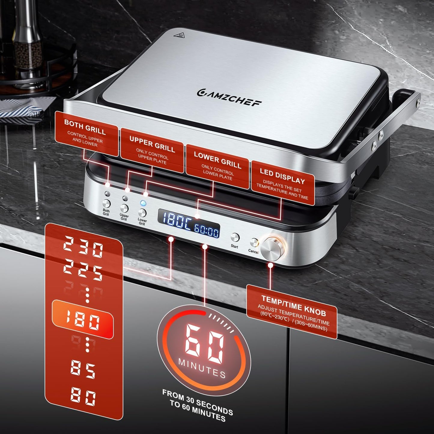 AMZCHEF 4-in-1 machine (contactgrill, Griddle, wafelijzer, sandwichmaker), 2000 W, met 4 afneembare platen met antiaanbaklaag, met vrij instelbare tijd en temperatuur, zwart en zilver