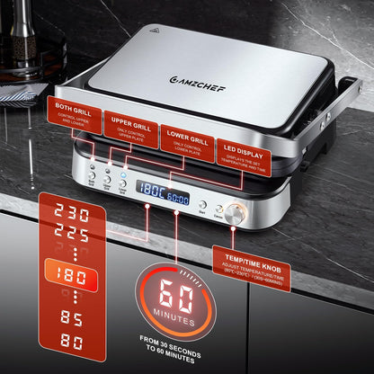 AMZCHEF 4-in-1 machine (contactgrill, Griddle, wafelijzer, sandwichmaker), 2000 W, met 4 afneembare platen met antiaanbaklaag, met vrij instelbare tijd en temperatuur, zwart en zilver
