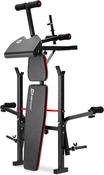 Hop-Sport Adjustable Fitness Bench HS-1055 with Curlpult, Butterfly and Leg Curler incl. 38 kg - 130 kg Dumbbell Set of Choice Long and Curl Bar - QUORE