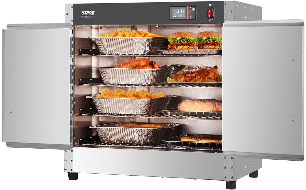 VEVOR Voedselwarmer, 4-traps snackverwarmer met waterbak, 4 pannen en dubbele deur en verstelbare planken, voedselverwarmingskast van roestvrij staal, ideaal voor het opbergen van pizza en kip