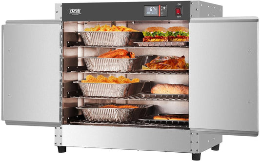 VEVOR Voedselwarmer, 4-traps snackverwarmer met waterbak, 4 pannen en dubbele deur en verstelbare planken, voedselverwarmingskast van roestvrij staal, ideaal voor het opbergen van pizza en kip
