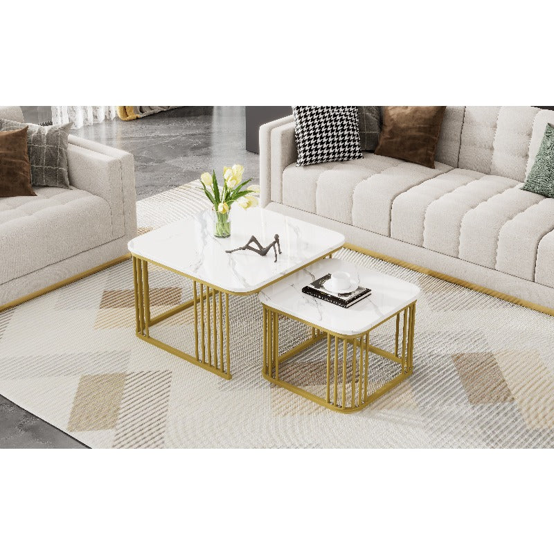 Nesting Salontafel Set – Bijzettafel – Tafelset – Woonkamertafel – Retro Tafels – Marmeren Blad – Goud Metalen Frame – Ruimtebesparend – Geen Montage