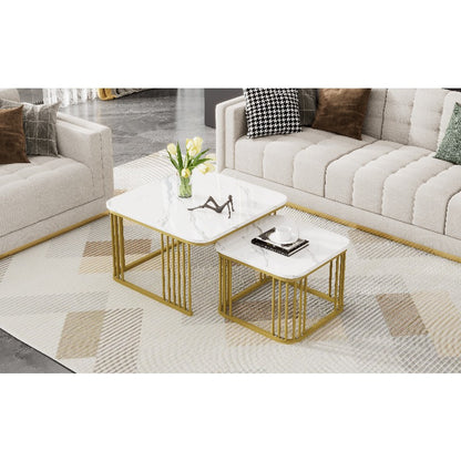 Nesting Salontafel Set – Bijzettafel – Tafelset – Woonkamertafel – Retro Tafels – Marmeren Blad – Goud Metalen Frame – Ruimtebesparend – Geen Montage