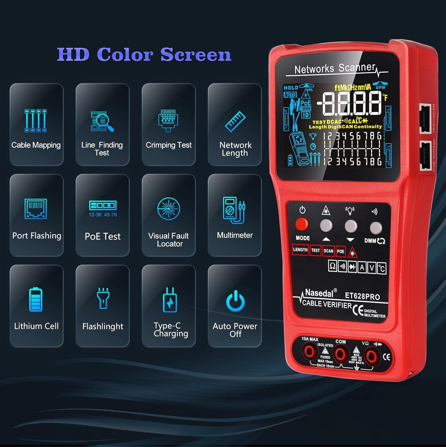 Netwerkkabeltester, draadtracker, geluidsgenerator, ethernet, tester, multimeter, VFL 3 in 1 RJ45, CAT5, CAT6, CAT7, CAT8, RJ11, klank, BNC tester, PoE-testkabel, lengte kabel
