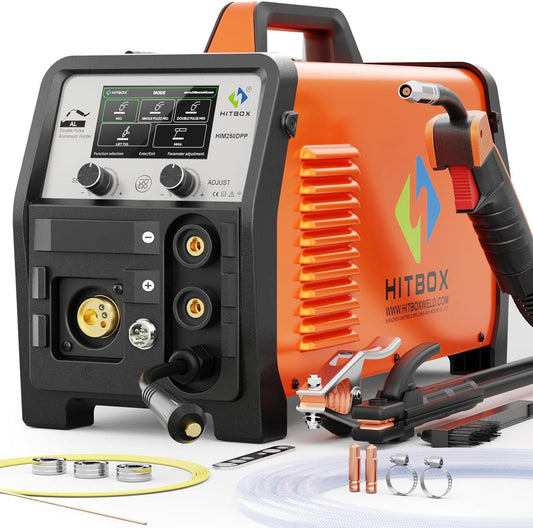HITBOX Professionele 8-in-1 200A Dual Pulse Aluminium MIG Lasapparaat, 240V Multi-Process Lasmachine voor Enkel/Dubbel Puls MIG, Lift TIG, MMA, Puntlassen, Gas & Gasloos, Spool Gun Geschikt(HIM250DPP)