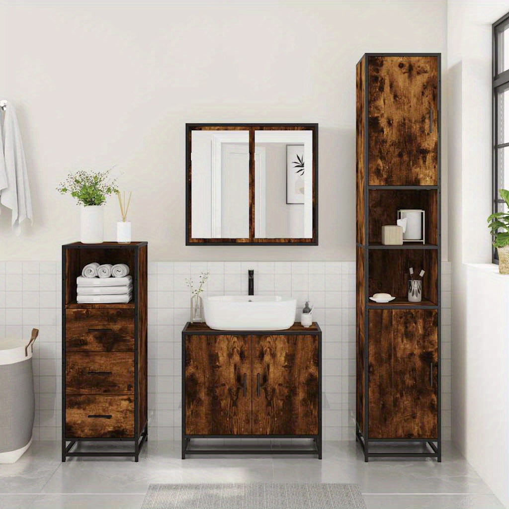 Badkamerkast – Badkamermeubel – Kolomkast – Wastafelonderkast – Badmeubel – Compact Ontwerp – Donkerbruin Eikenlook Met Zwart Metalen Frame