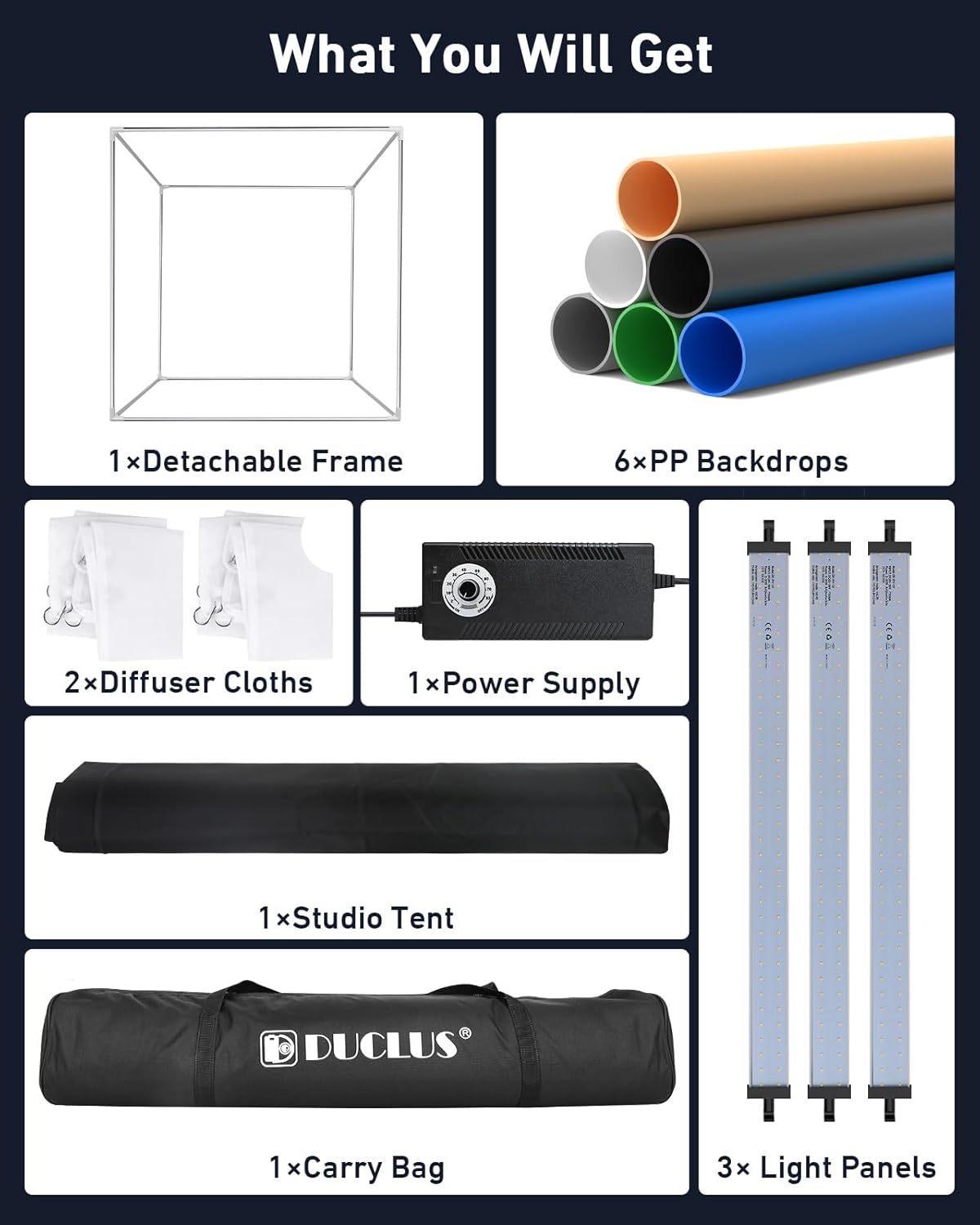 DUCLUS Fotobox 80 cm (32 inch), professionele opvouwbare fotostudioset met 3 verstelbare ledpanelen en 5600 K traploos dimbaar, 6 matte PP backdrops, lichttent voor grote productfotografie