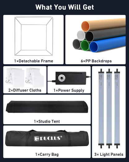 DUCLUS Fotobox 80 cm (32 inch), professionele opvouwbare fotostudioset met 3 verstelbare ledpanelen en 5600 K traploos dimbaar, 6 matte PP backdrops, lichttent voor grote productfotografie