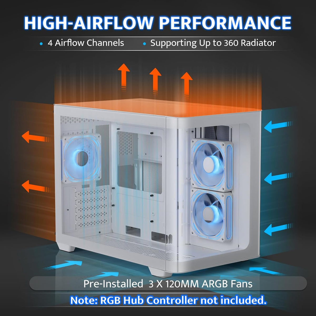 darkFlash Micro-ATX Gaming PC-hoes, MATX PC-behuizing met 3 x 120 mm ARGB-ventilatoren, panoramisch zicht, dubbel gehard glazen computerbehuizing, USB 3.0-poort, ondersteunt dubbele 360 mm AIO, wit