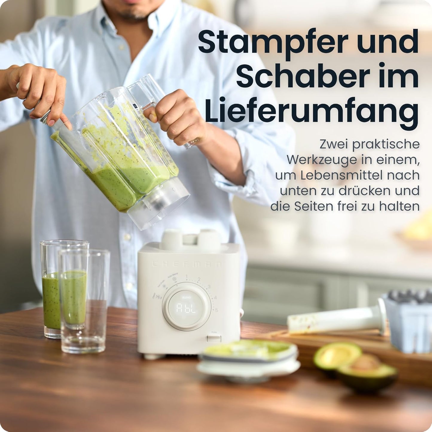 Chefman Obliterator 1,2 l blender voor smoothies, 1350 W motor voor het malen van ijs, noten en bevroren vruchten met roestvrijstalen lemmet, Auto Blend functie, incl. 600ml reiscontainer - betongrijs