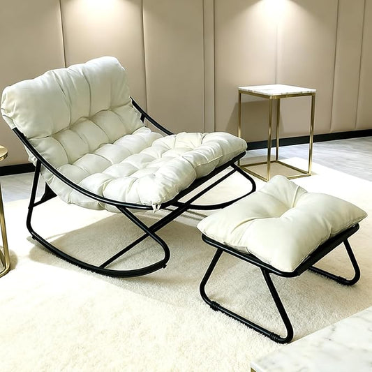 Rocking Chair with Stool, Indoor & Outdoor Rocking Chair, Living Room Relax Chair, Reading Chair, Rocking Chair with Upholstery, up to 150 kg, Rocking Chair for Garden, Yard, Patio, Porch (White) - QUORE