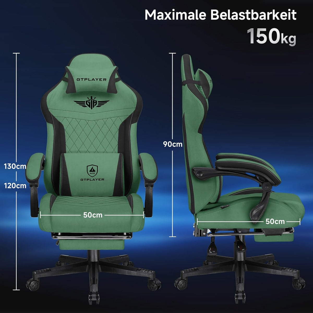 GTPLAYER Ergonomic Gaming Chair, Technical Fabric, with Lumbar Support, Computer Chair with Extended Backrest, Supports up to 150kg, Green - QUORE