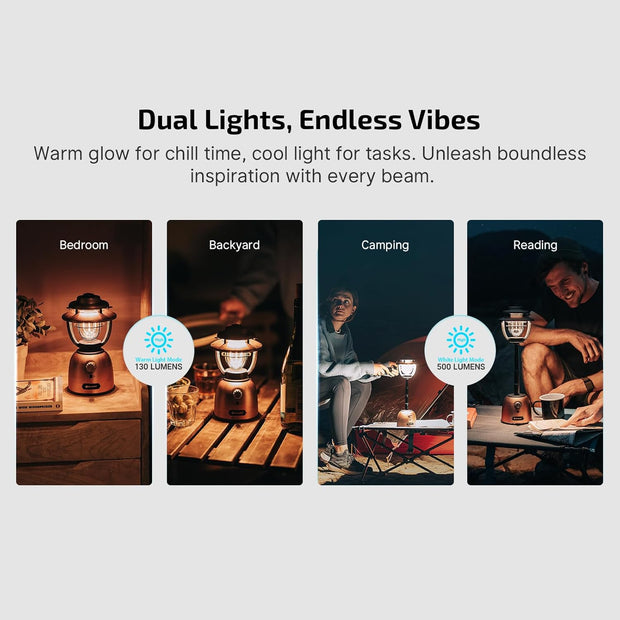 Campinglamp - Kampeerlamp - Retro Stijl - Dimbare - Verstelbaar - Draagbare - met Dubbele Lichtbron - Noodstroombank - USB Oplaadbaar - voor Camping - Noodsituatie - IPX5 Waterdicht - 500Lm - 16000 mAh - 12.3 x 22.5 x 12.3 cm - Vintage Koperen Afwerking