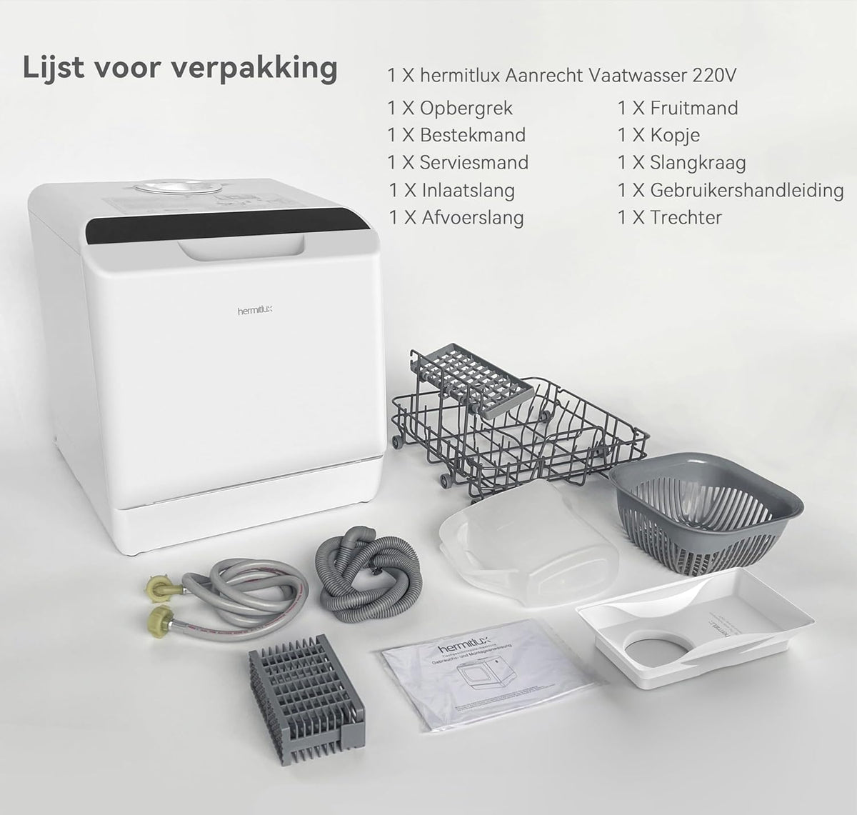 Mini-vaatwasser tafelvaatwasser, te gebruiken met en zonder wateraansluiting, 43 cm breed, plaats voor 4 couverts, te gebruiken op de camping, 175 kWh/jaar, wit