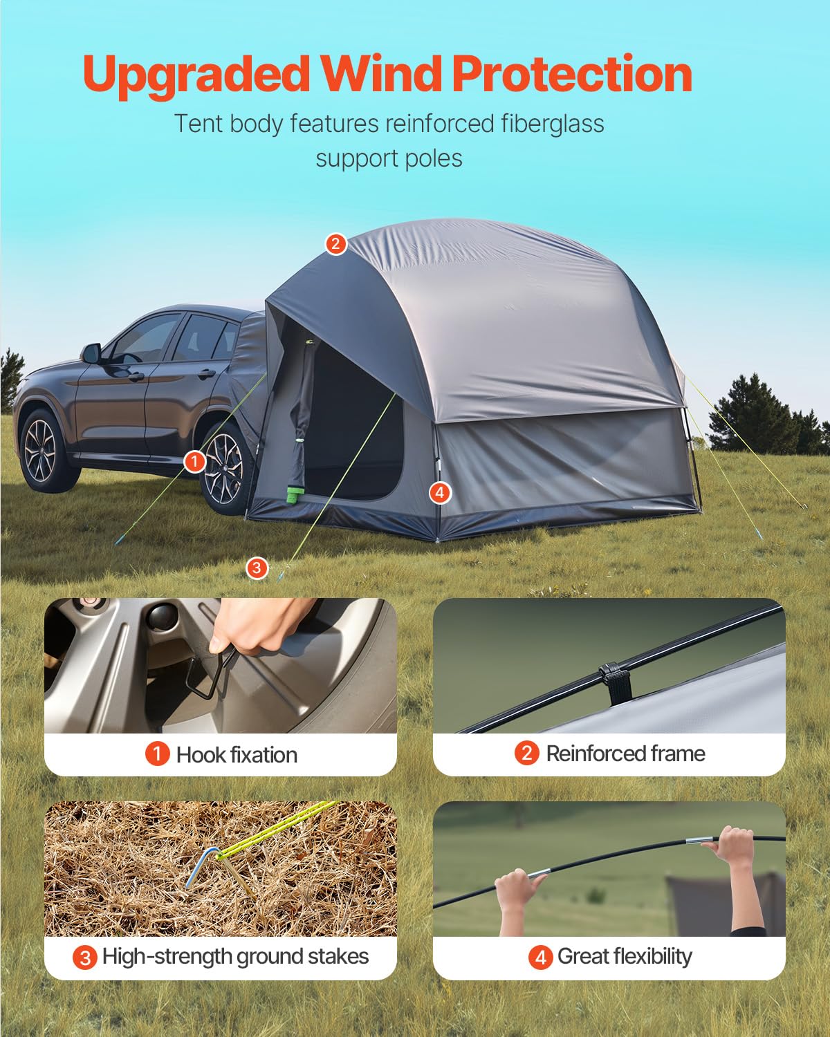 VEVOR Campingtent voor SUV, PU 2000 mm, waterdicht, ruim dubbellaags design voor 5-8 personen, met netramen, inclusief luifel en opbergtas, 2400 x 2400 x 2150 mm