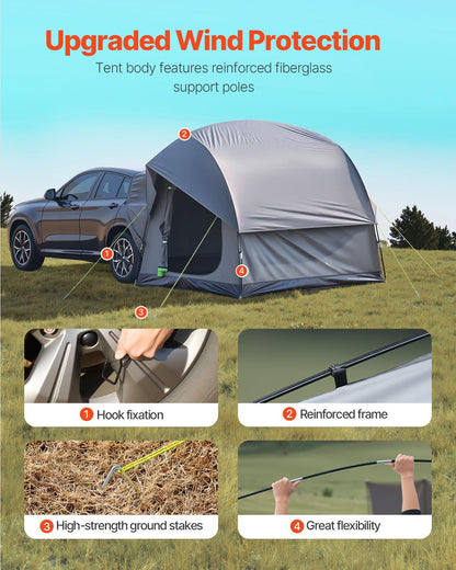 VEVOR Campingtent voor SUV, PU 2000 mm, waterdicht, ruim dubbellaags design voor 5-8 personen, met netramen, inclusief luifel en opbergtas, 2400 x 2400 x 2150 mm