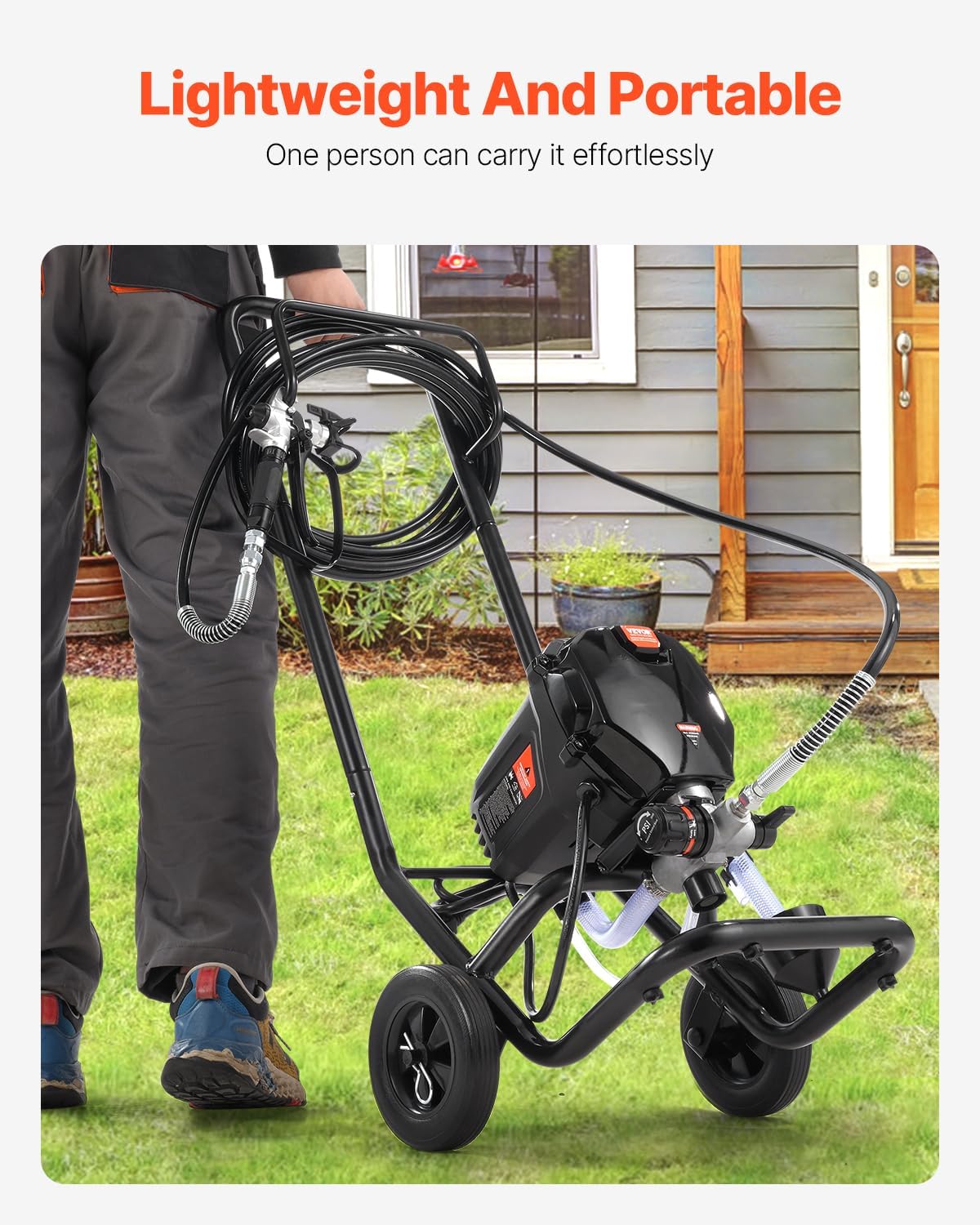 VEVOR Spuitverfsysteem, 750 W, 3000 psi, zonder lucht, met trolley, verfpistool met slang, 7,6 m, 1,2 l/min, voor schilderen binnen en buiten, benodigdheden voor hekken