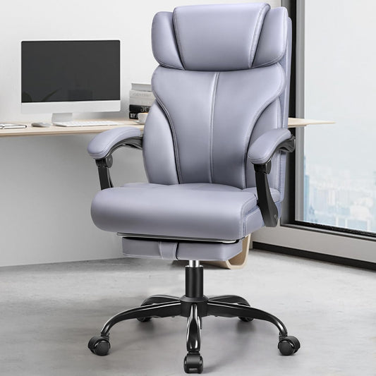 Ergonomische Bureaustoel – Bureaustoel Leder – Kantoorstoel Draaibaar – Executive Bureaustoel – Bureaustoel Met Voetensteun – Verstelbare Hoogte 109-119 cm – Matgrijs PU-Leder