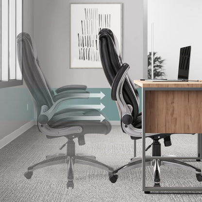 COLAMY Lederen Executive Bureaustoel - Hoge Rug Computer Bureaustoel met Gewatteerde Flip-up Armen, Verstelbaar Tilt Lock, Draaibare Rollende Ergonomische Stoel voor Volwassen Werken Studie, Zwart