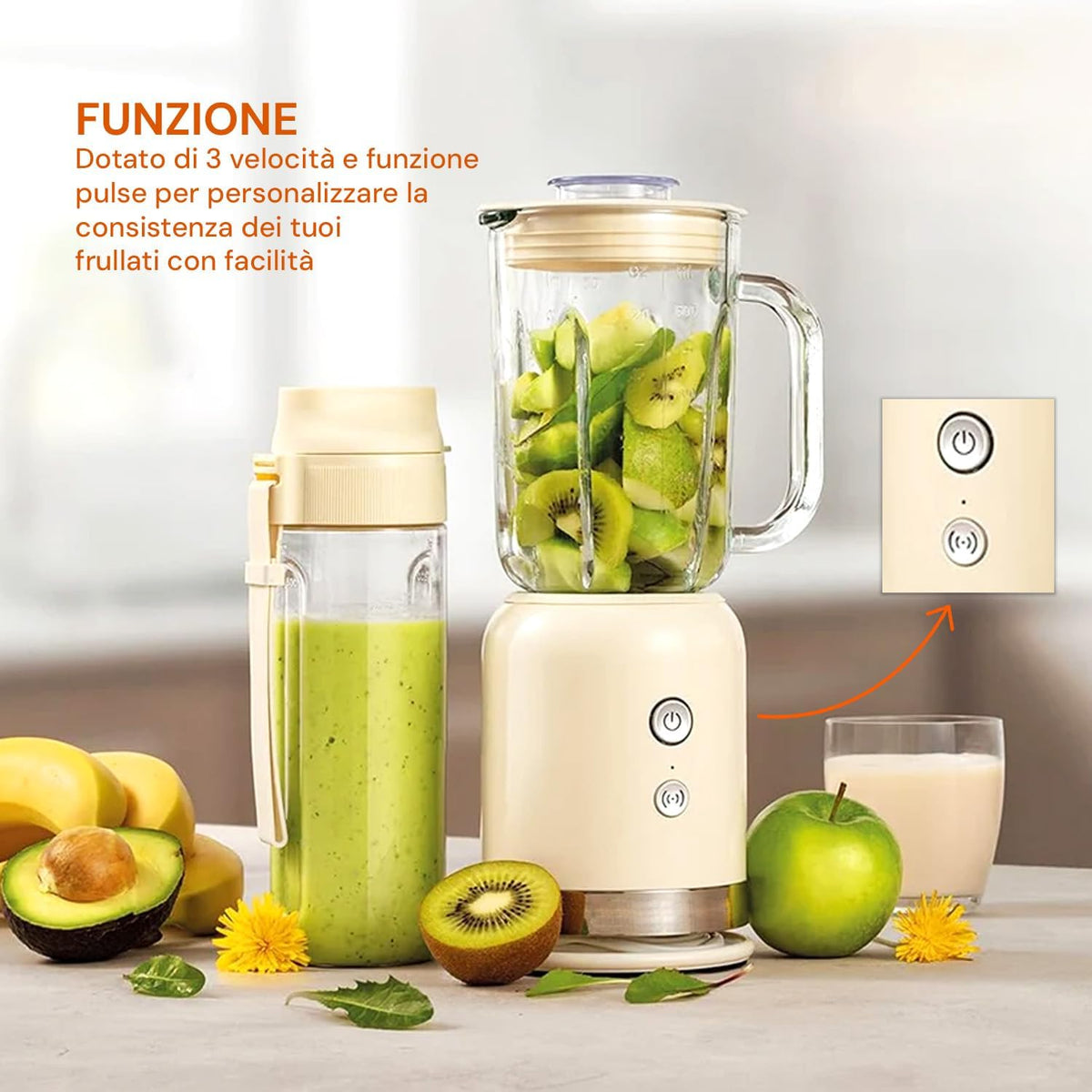 Wintem Crema Elektrische mixer 350 W, 3 snelheden en pulse-functie – ideaal voor het maken van smoothies en sapcentrifuges om mee te nemen dankzij de praktische geïntegreerde drinkfles van 0,6 l –