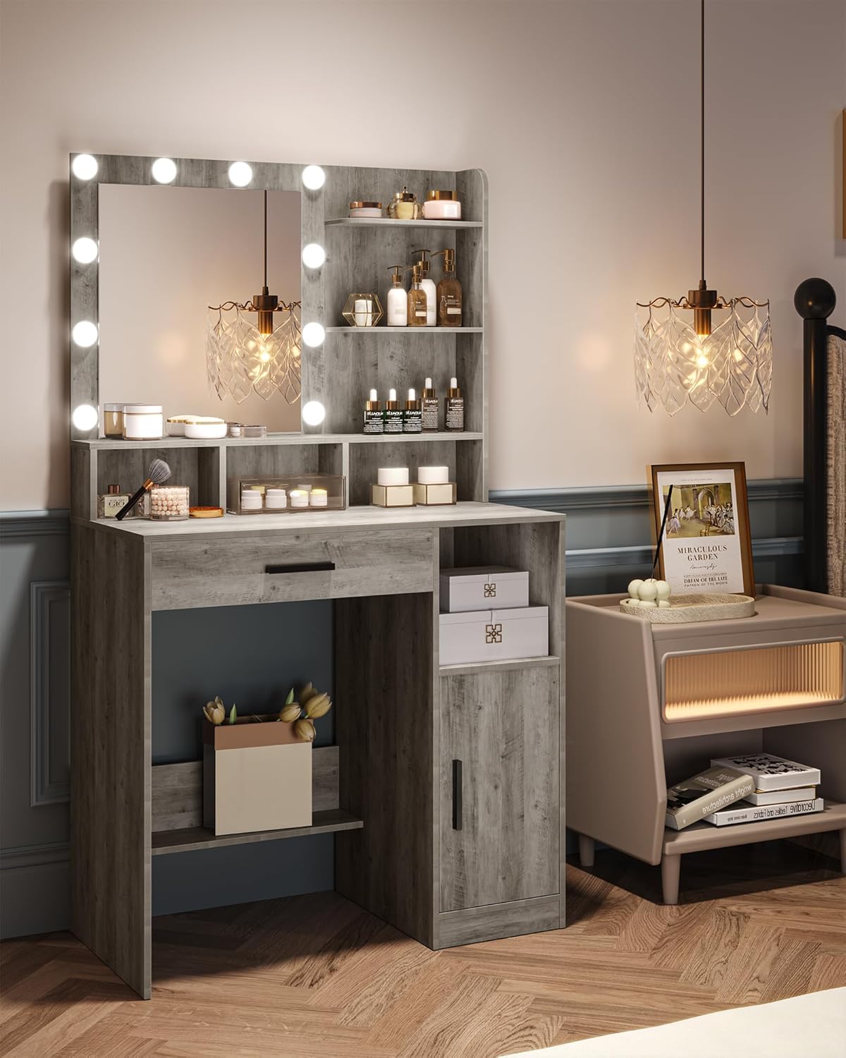 Hzuaneri Dressing Table with Mirror and 10 Led Lighting,with 3 Shelves & 4 Open Compartments, Dressing Table with Large Drawer & Cabinet, 3 Adjustable Luminosity, GreigeVT08105X