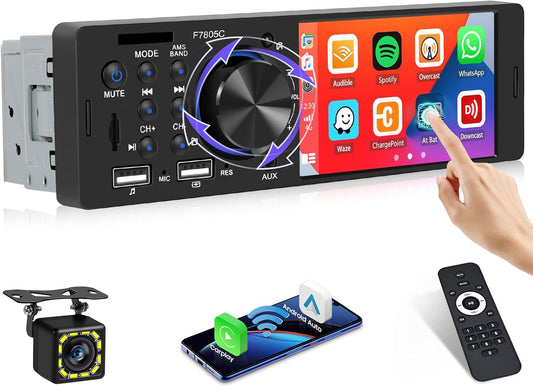 Hikity 1 DIN autoradio met 4 inch IPS touchscreen, bekabeld Carplay en Android, Bluetooth 5.1, Mirror Link, FM RDS EQ, 2USB, AUX, TF Card, MIC, achteruitrijcamera
