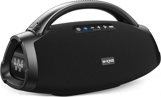 W-KING Bluetooth-luidspreker luid, draagbare draadloze luidspreker met 120W subwoofer, 50W*2 woofers, 15W*2 tweeter, 40Hz massieve bas, IPX7 waterdicht, APP, BT5.4, stereo-koppeling, OTG, grote