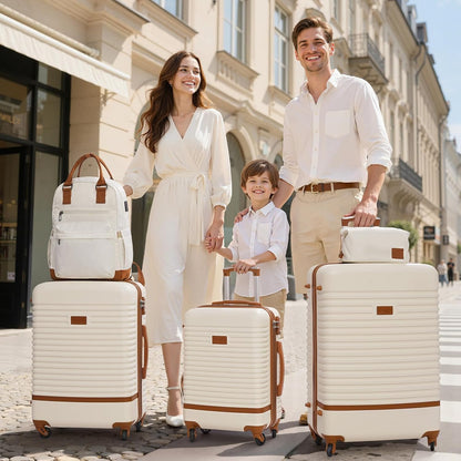 COOLIFE Koffer trolley koffer reiskoffer van ABS harde schaal trolley 4 wielen TSA-slot De koffer bevat 1 reisrugzak en 1 toilettas, wit/bruin., Koffer-Set 5tlg, Reisset, prachtig ontworpen,