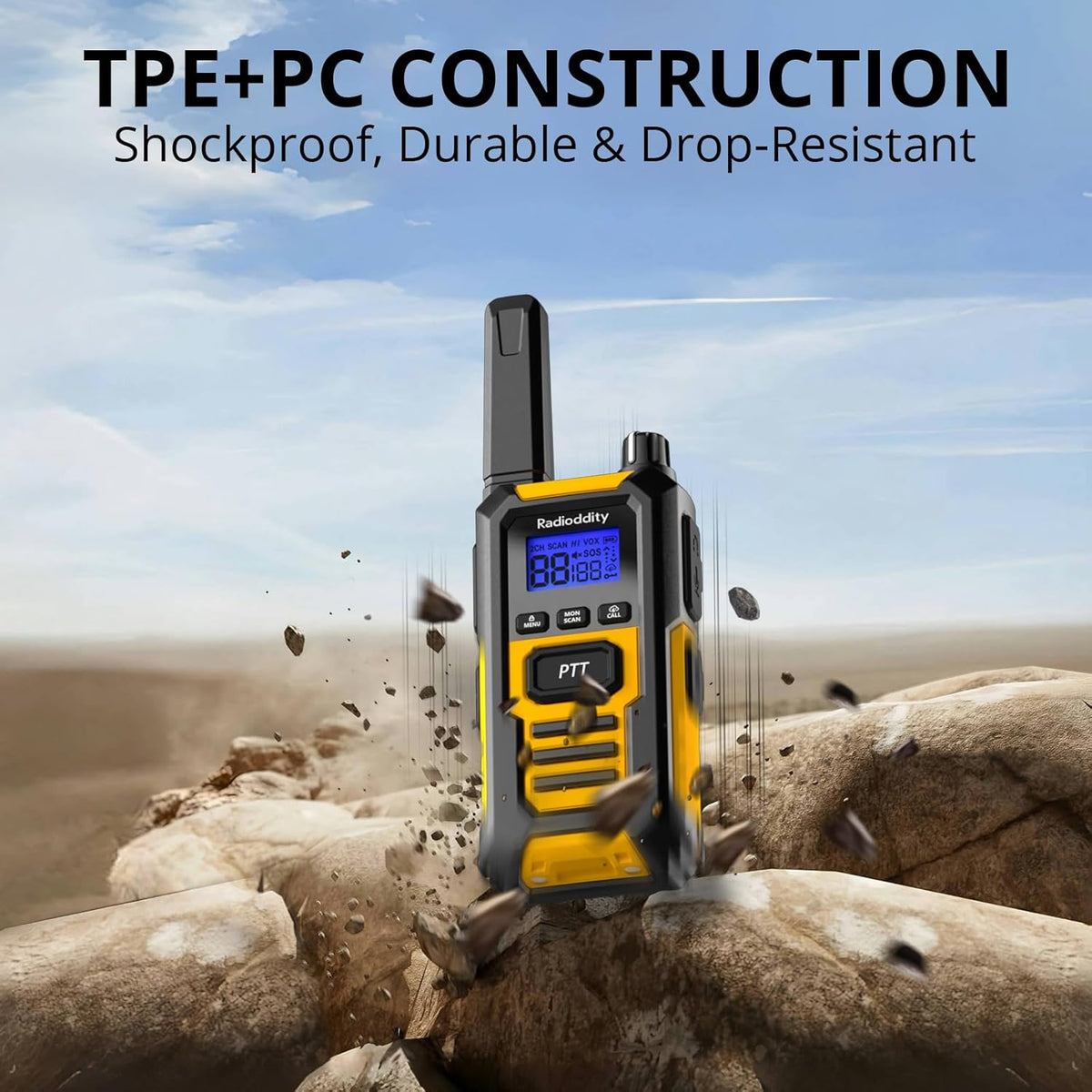 Radioddity HD-1 Walkie Talkie IP67 waterdicht, vergunningsvrij, robuuste PMR stof- en schokbestendig groepsgesprek met één knop SOS-alarm dubbele PTT USB-C-oplaadstation en basisstation, 4 stuks, geel