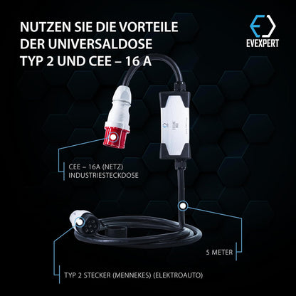 Eveline Max I/II, 3,7-22kW Smart Tragbare EVSE EV Auto Ladegerät Typ2 | SCHUKO/CEE 5-Pin (RCD FI A-EV) | EV typ 2 laadkabel 16-32A | 1/3-fasig (3-Phasig 16 A / 11 kw / 5m)