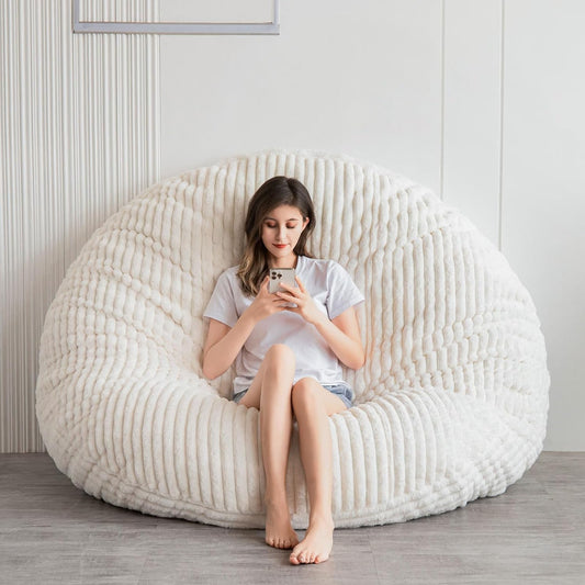 MAXYOYO Enorme zitzakbed, vierkante zitzakstoel, grote bank met imitatiebont en pluizige vulling voor volwassenen, koppels, gasten (corduroy beige, 150 x 150 cm)