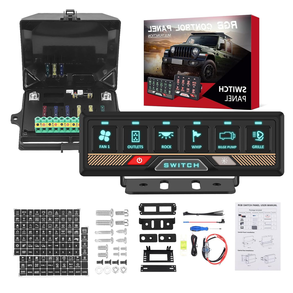 Chelhead 12 V/24 V schakelpaneel, RGB, 6-voudig dimbaar, multifunctioneel programmeerbaar schakelpaneel, accessoires, batterijbesturing, waterdicht, compatibel met vrachtwagen, boot, SUV, camper
