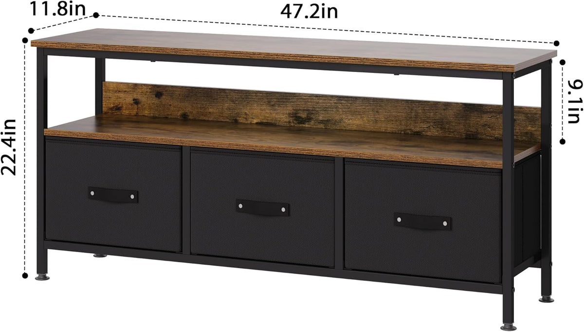 Zstar Tv-standaard, commode, mediaconsoletafel met 3 stoffen laden en open planken voor 55 inch televisie, verstelbare poten, metalen frame, comodetekast voor woonkamer, hal, slaapkamerdecoratie