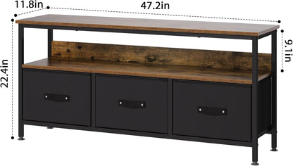 Zstar Tv-standaard, commode, mediaconsoletafel met 3 stoffen laden en open planken voor 55 inch televisie, verstelbare poten, metalen frame, comodetekast voor woonkamer, hal, slaapkamerdecoratie