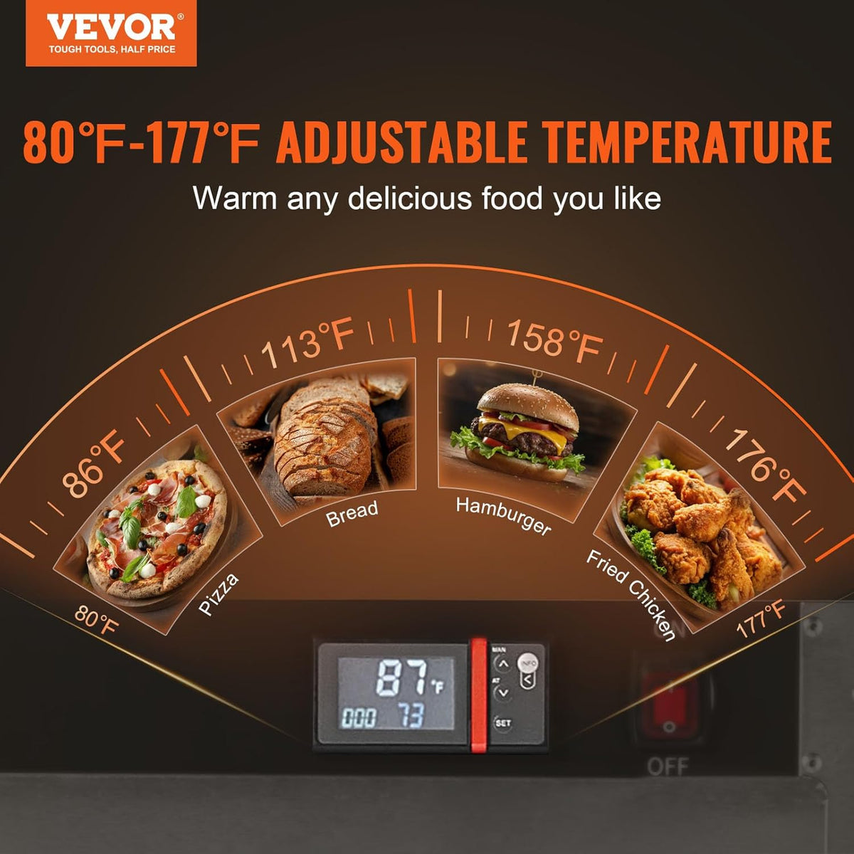 VEVOR Voedselwarmer, 4-traps snackverwarmer met waterbak, 4 pannen en dubbele deur en verstelbare planken, voedselverwarmingskast van roestvrij staal, ideaal voor het opbergen van pizza en kip