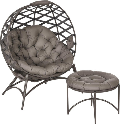 Outsunny 2 Pieces Garden Chair Set Wicker Chair with Folding Seat Basket Including 2-in-1 Stool Cushion Lounge Chair for Balcony Patio Steel Sand 118 x 75 x 142 cm - QUORE