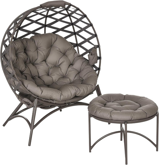 Outsunny 2 Pieces Garden Chair Set Wicker Chair with Folding Seat Basket Including 2-in-1 Stool Cushion Lounge Chair for Balcony Patio Steel Sand 118 x 75 x 142 cm - QUORE