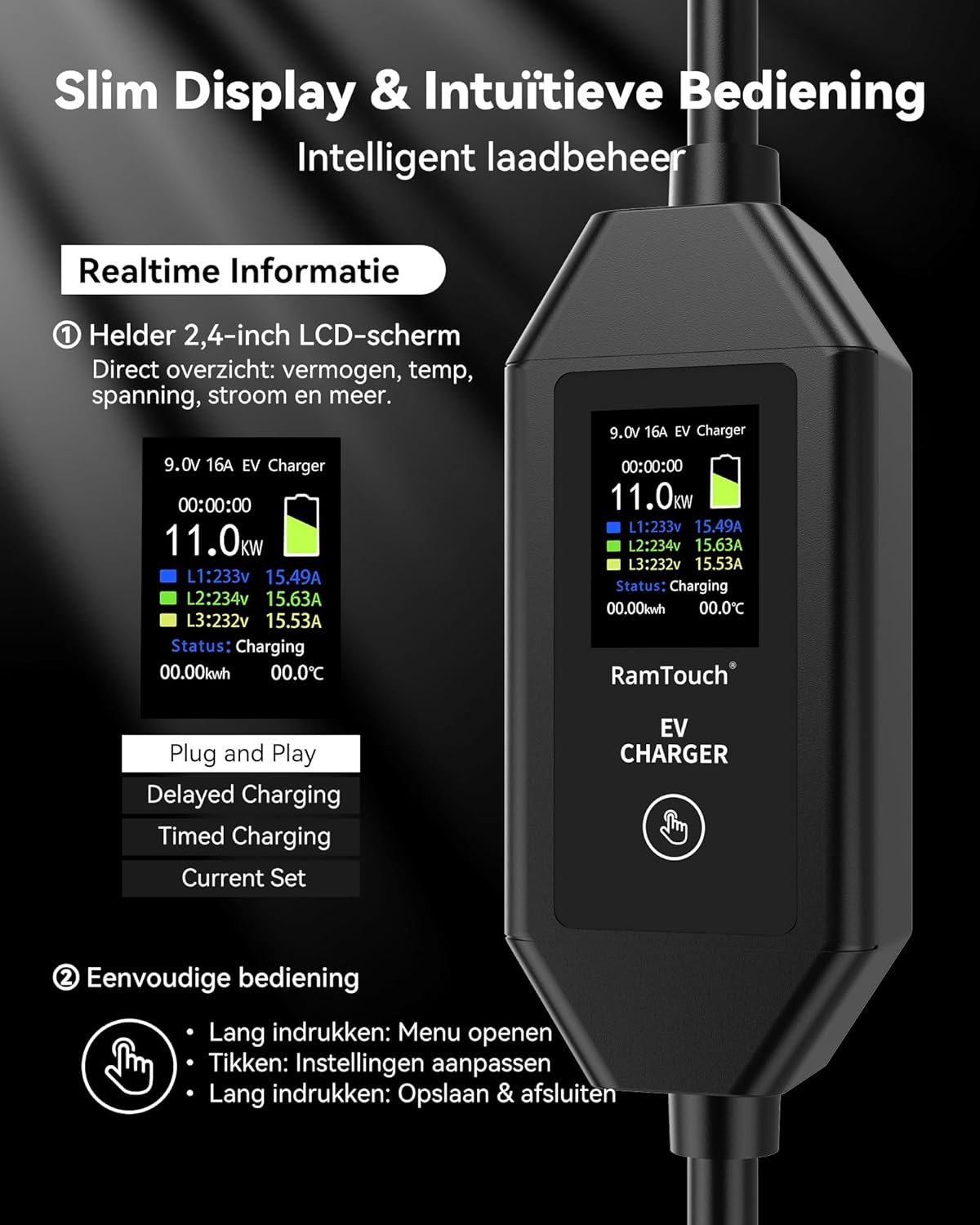 Laadkabel Type 2 – EV-laadkabel – Oplaadkabel Elektrische Auto – Mobiele Lader – Thuislader – 11 kW 3-fase – Instelbare Stroom 6A-16A Met Timer & Vertraging