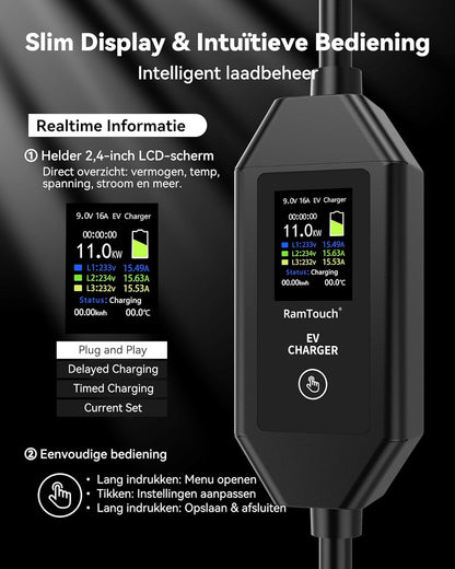 Laadkabel Type 2 – EV-laadkabel – Oplaadkabel Elektrische Auto – Mobiele Lader – Thuislader – 11 kW 3-fase – Instelbare Stroom 6A-16A Met Timer & Vertraging