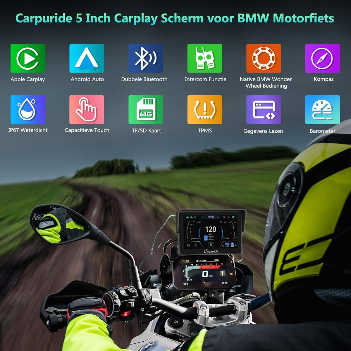 Carpuride W502BS für Motorrad CarPlay & Android Auto & Dual Bluetooth - 5 Zoll wasserdichter GPS-Navigation für Motorrad