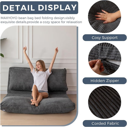 MAXYOYO Opvouwbare corduroy sofa zitzak bedstoel schuimvulling extra dikke 4-voudige vloerbank matras voor volwassenen, inclusief afneembare en machinewasbare hoes voor woonkamer, donkergrijs, 76 x