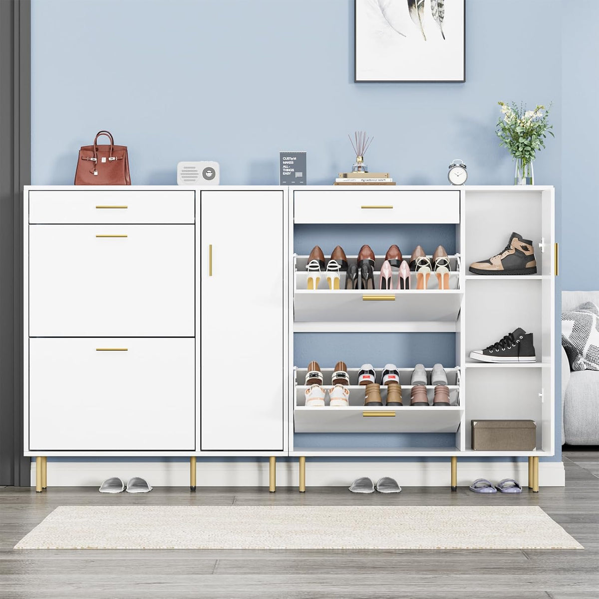 Schoenenkasten, wit, met 2 kleppen, schoenenkast, schoenenrek met 1 lade en 1 deur, smal met verstelbaar rek, voor 14-18 paar schoenen, voor ingang, hal, woonkamer