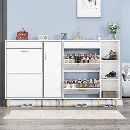 Schoenenkasten, wit, met 2 kleppen, schoenenkast, schoenenrek met 1 lade en 1 deur, smal met verstelbaar rek, voor 14-18 paar schoenen, voor ingang, hal, woonkamer