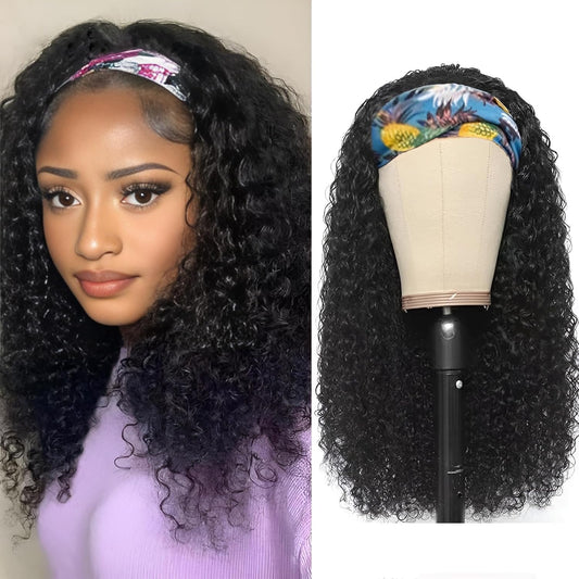 Pruik met haarband – Braziliaanse pruik – Hoofdbandpruik – Menselijk haar pruik – Pruik zonder lijm – 100% Echt Remy Mensenhaar – 66 cm, 150%, Krullend, Natuurlijke Kleur